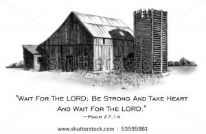 Pencil Drawing of Barn with Bible Verse - stock photo