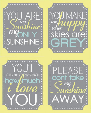 You are my Sunshine - Quote Set- (4) 8x10 Nursery Prints - yellow grey ...