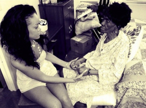 Rihanna with Grandmother Dolly (black and white photo)