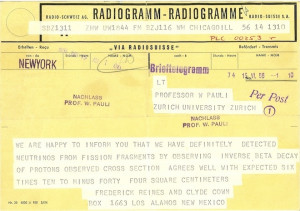 Telegram from Clyde Cowan and Frederick Reines to Wolfgang Pauli ...