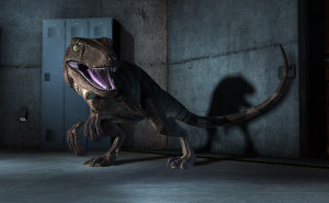 raptor leaps out of a door in the scene 'raptor chase'