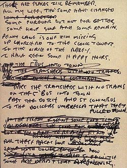 ... for 'In My Life', from his personal Beatles-lyrics notebook