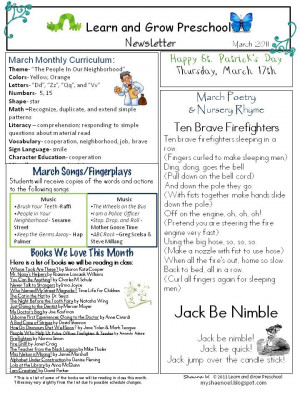 Here is my March Preschool Newsletter . Our theme this month is 