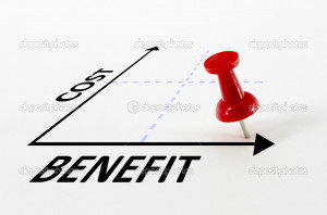 Cost Benefit Analysis Concept with Target Pin Marker - Stock Image