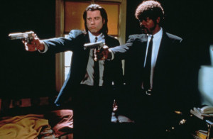 and Samuel L Jackson as Jules Winnfield in a scene from 'Pulp Fiction ...