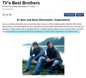 Sam & Dean ranked #1 in TV’s Best Brothers List by BuddyTV (2009)