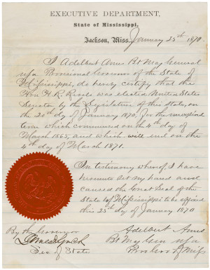 Dated January 25, 1870 , these are the credentials for Senator Hiram ...