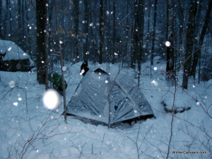 Snowfall on the tent at Peaked Mountain
