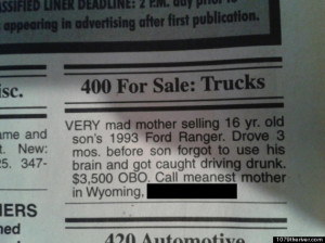 Wyoming Mother Sells Son's Pick-up After He Drives Drunk