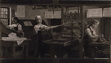 Benjamin Franklin at a printing press