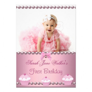 First 1st Birthday Girl Pink Cupcakes Baby Announcements