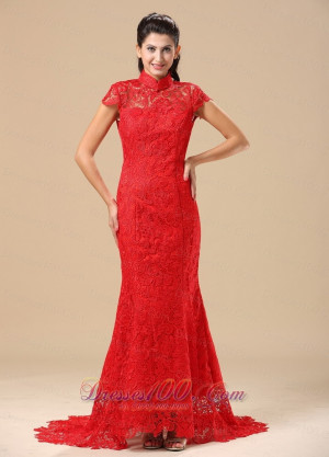 red high neck prom dress