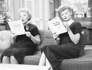 Lucille Ball and Vivian Vance read.