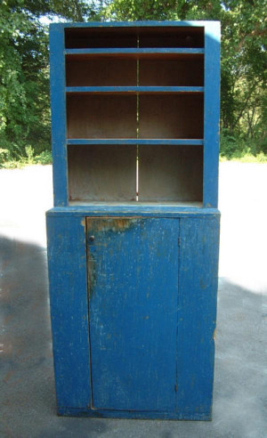 Country stepback blue cupboard Maine c1840