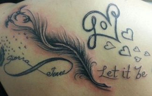 Tattoo: Love Hearts, Feather and Quote by briescha
