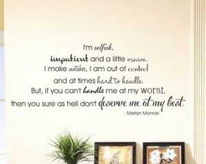 Marilyn Monroe Quote Wall Decal 'I'm selfish, impatient and a little ...