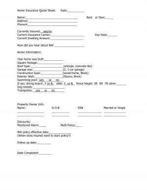 Auto Insurance Quote Sheet Home Insurance Quote Sheet Date Rent or Own ...