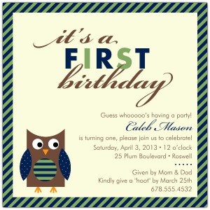 Baby Owl Blue First Birthday Invitations