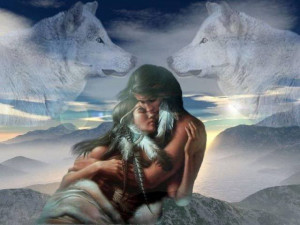 Native american couple with wolves Image