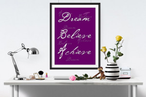 ... wall art print, inspirational white and purple poster, Dream, Believe