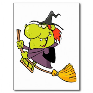 funny green witch riding broomstick on halloween postcard