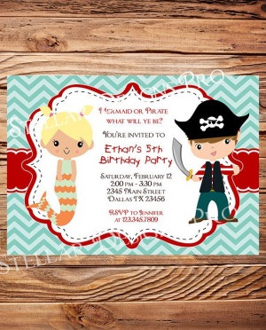 Mermaid or Pirate Birthday Party Invitation, BOY, GIRL, Little Mermaid ...