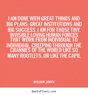 William James picture quote - I am done with great things and big ...