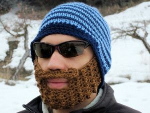 Crocheted striped beanie beard