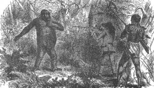 French explorer Paul du Chaillu aims his rifle at a gorilla in