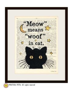 Black cat meow means woof in cat quote dictionary print - on Upcycled ...
