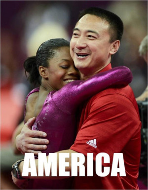 ... in gymnastics, celebrating with Liang Chow, her Chinese-born coach