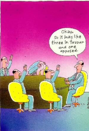 Staff meeting vote - Funny cartoon of a staff meeting.