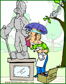 funny cartoon of man cleaning a statue with a rag; pigeon is watching ...