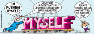 Pushing myself, cartoon character pushing the word 'MYSELF' which is ...
