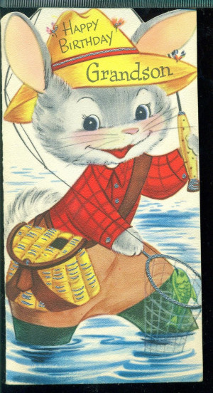 Vintage 1959 Greeting Card Happy Birthday Grandson Dressed Rabbit