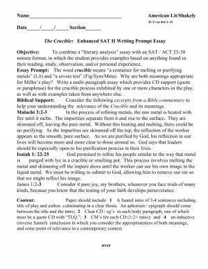 The Crucible Enhanced SAT II Writing Prompt Essay Objective by ...