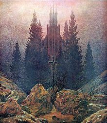 Caspar David Friedrichs Werk Kreuz und Kathedrale im Gebirge ziert das ...