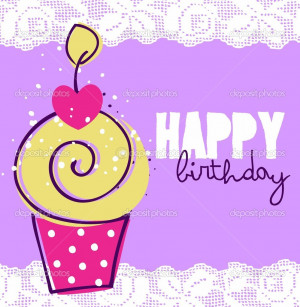 Cute happy birthday card with cupcake - Stock Illustration