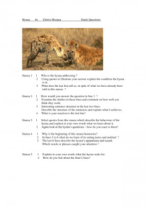 Hyena by Edwin Morgan Study Questions by dfhercbml