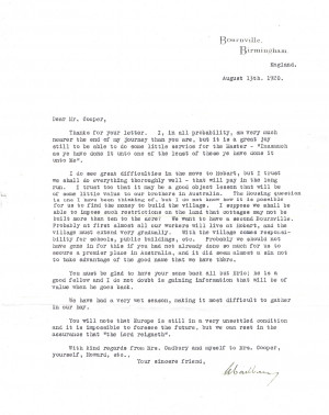 Letter From George Cadbury In England To William Cooper Australia ...