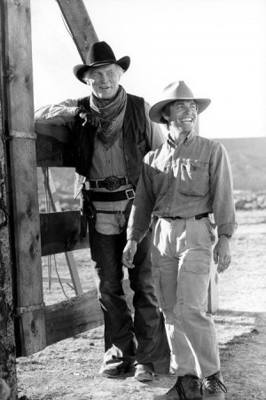 JACK PALANCE and Director RON UNDERWOOD on the set of CITY SLICKERS.