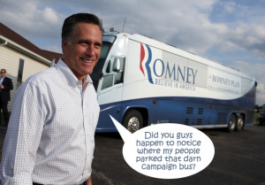 Mitt Romney standing in front of the Romnibus, saying 'Did you guys ...