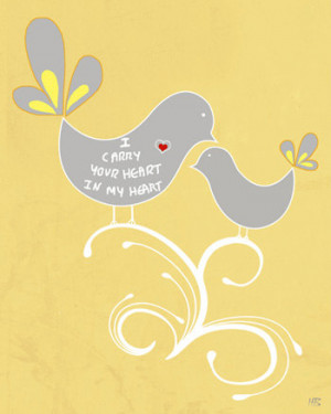 Illustration, art print, love birds, I carry your heart in my heart ...