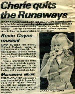 The Runaways Article about Cherie Currie Quiting The Runaways