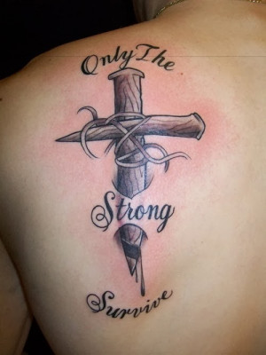 sick tattoos for Men – cross and quote tattoo designs on shoulder