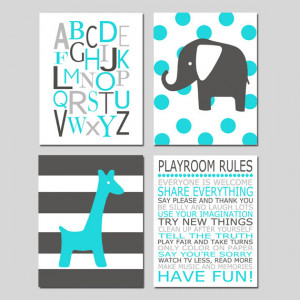 Nursery Art - Playroom Rules Quote, Polka Dot Elephant, Stripe GIraffe ...
