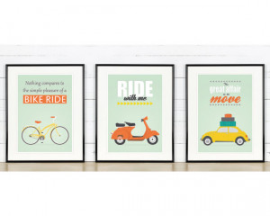 Retro poster, A3 set, bike, vespa scooter, vw beetle, mid-century ...