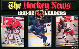 ... NEWS 1991-92 Poster - Patrick Roy, Mark Messier, Tony Amonte