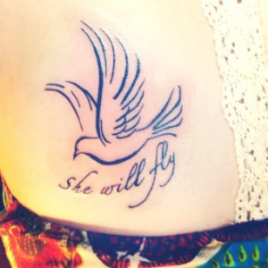 Lovely flying Tattoo quotes she will fly - flying pigeon, feather