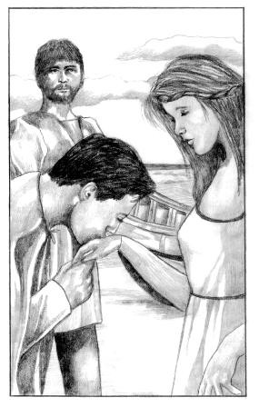 Cassio courteously greets Desdemona as Iago watches in Act II, Scene 1 ...